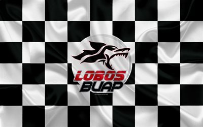 Lobos BUAP, 4k, logo, creative art, white black checkered flag, Mexican Football club, Primera Division, Liga MX, emblem, silk texture, Puebla de Zaragoza, Mexico, football