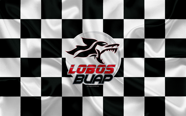 Lobos BUAP, 4k, logo, yaratıcı sanat, siyah beyaz damalı bayrak, Meksika Futbol Kul&#252;b&#252;, Lig, Lig MX, amblem, ipek doku, Puebla de Zaragoza, Meksika, futbol