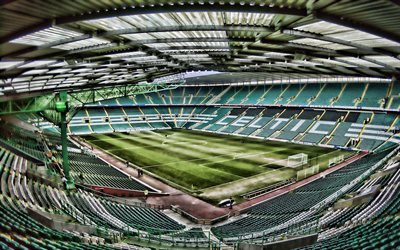 4k, il Celtic Park, stadio vuoto, HDR, stadio di calcio, il Celtic stadium, tribune, Celtic Arena di Glasgow, in Scozia, il Celtic FC
