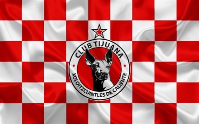Club Tijuana, 4k, logo, creative art, red and white checkered flag, Mexican Football club, Primera Division, Liga MX, emblem, silk texture, Tijuana, Mexico, football