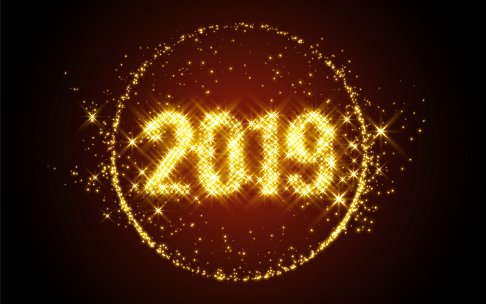 Happy New Year 2019, golden inscription, creative art, glittering, 2019 background