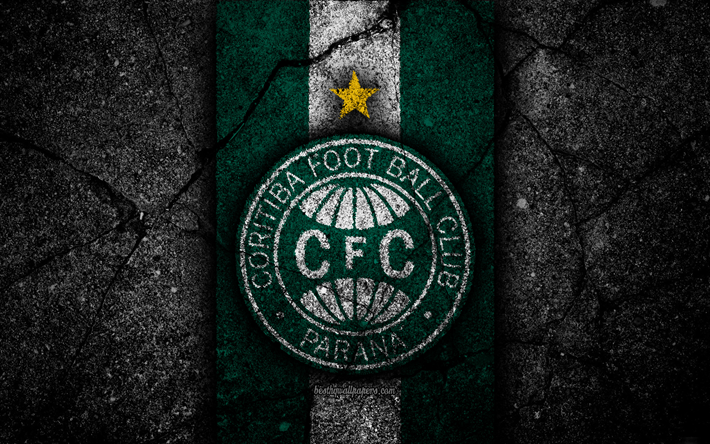 Coritiba FC, 4k, logo, futbol, Serie B, yeşil ve beyaz &#231;izgiler, Brezilya, asfalt doku, logo Coritiba, Coritiba FBC, Brezilyalı Futbol Kul&#252;b&#252;