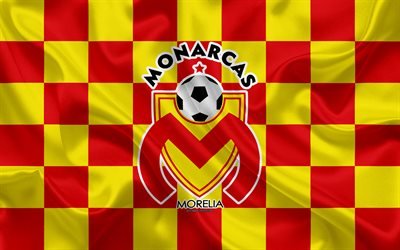 CA Monarcas Morelia, 4k, logo art, creative art, punainen keltainen ruudullinen lippu, Meksikon Football club, Primera Division, Liga MX, tunnus, silkki tekstuuri, Morelia, Meksiko, jalkapallo, Monarcas FC