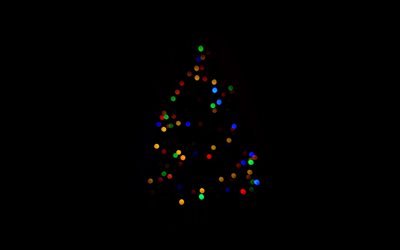 4k, شجرة عيد الميلاد, وهج, الحد الأدنى, خلفية سوداء, سنة جديدة الشجرة, سنة جديدة سعيدة, عيد الميلاد