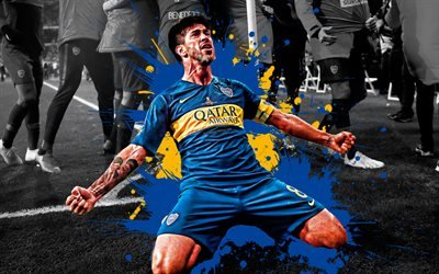 Pablo Perez, 4k, Argentino, giocatore di calcio del Boca Juniors, Centrocampista, blu, giallo, schizzi di vernice, arte creativa, Argentina, calcio