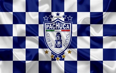cf pachuca, 4k, logo, creative art, blau-wei&#223; karierten flagge, mexikanische fu&#223;ball club, primera division, liga mx, emblem, seide textur, pachuca de soto, mexiko, fu&#223;ball, pachuca fc