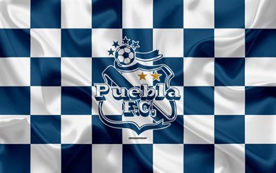 Club Puebla, 4k, logotipo, creativo, arte, azul, blanco de la bandera a cuadros, Mexicano, club de F&#250;tbol, Primera Divisi&#243;n, Liga MX, el emblema, la seda textura, Puebla de Zaragoza, M&#233;xico, el f&#250;tbol, el Puebla FC