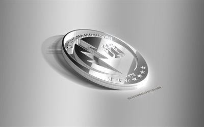 CF Rayo Majadahonda, 3D steel logo, Spanish football club, 3D emblem, Majadahonda, Spain, Segunda, La Liga 2, Rayo Majadahonda metal emblem, football, creative 3d art