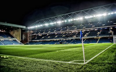 Ibrox Stadium, la noche, el estadio de f&#250;tbol, de f&#250;tbol, de Ibrox Park Rangers Estadio, estadio vac&#237;o, Glasgow, Escocia, Rangers FC