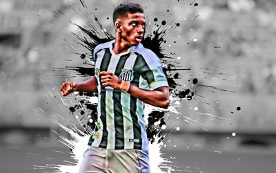 Rodrygo, 4k, Brazilian football player, Santos FC, striker, white black paint splashes, creative art, Serie A, Brazil, football, Rodrygo Silva de Goes