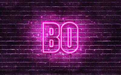 Bo, 4k, 名前の壁紙, 女性の名前, ボー名, 紫色のネオン, 誕生日おめでとう, 人気のあるオランダの女性の名前, 絵とボー名