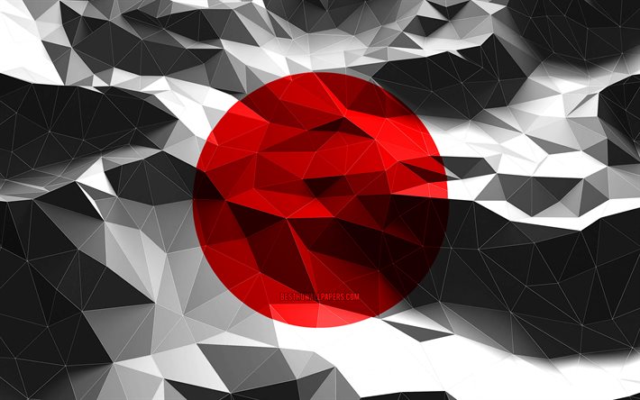 4k, drapeau japonais, art poly bas, pays asiatiques, symboles nationaux, drapeau du Japon, art 3D, Japon, Asie, japon drapeau 3D