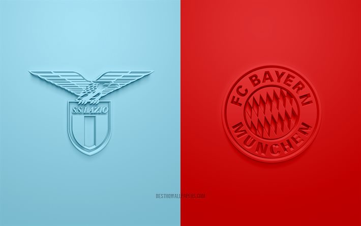 Lazio vs FC Bayern Munich, Ligue des Champions, huiti&#232;me de finale, logos 3D, fond bleu rouge, match de football, FC Bayern Munich, Lazio