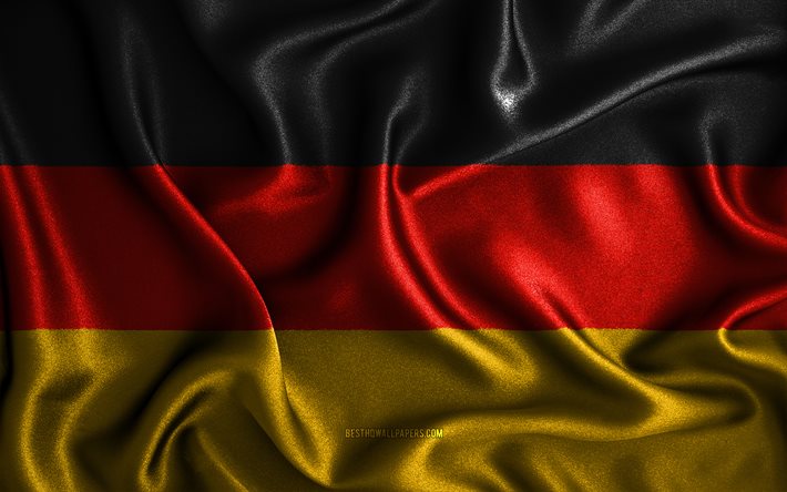 Tysk flagga, 4k, v&#229;giga flaggor, europeiska l&#228;nder, nationella symboler, Tysklands flagga, tygflaggor, 3D-konst, Tyskland, Europa, Tyskland 3D-flagga