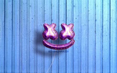 4k, logo de Marshmello, DJs americanos, globos realistas violetas, Christopher Comstock, logo 3D de Marshmello, DJ Marshmello, fondos de madera azul, Marshmello