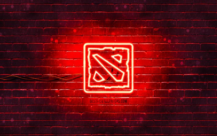 Logotipo rojo de Dota 2, 4k, pared de ladrillo rojo, logotipo de Dota 2, ilustraciones, logotipo de ne&#243;n de Dota 2, Dota 2