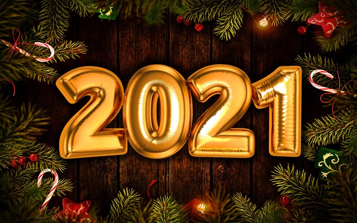 Happy New Year 2021, christmas tree frame, 4k, 2021 golden digits, 2021 concepts, 2021 on wooden background, 2021 year digits, golden balloons, 2021 New Year