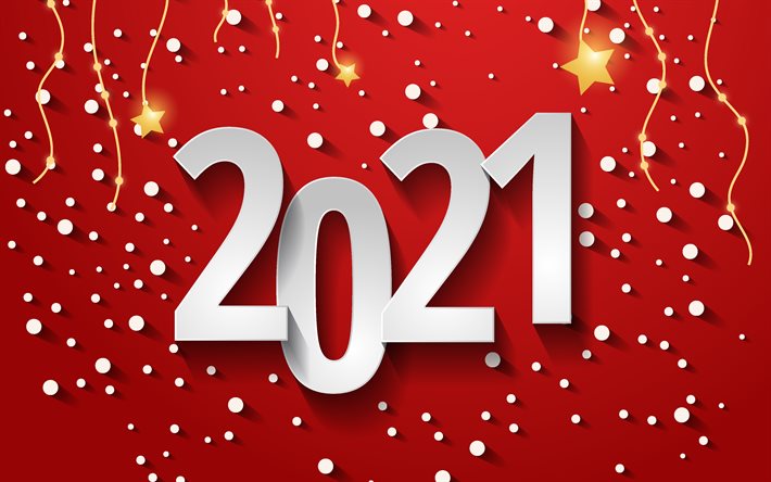 Feliz ano novo 2021, 4k, fundo vermelho 2021, ano novo 2021, fundo vermelho com estrelas, conceitos 2021