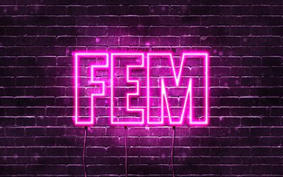 Fem, 4k, wallpapers with names, female names, Fem name, purple neon lights, Happy Birthday Fem, popular dutch female names, picture with Fem name