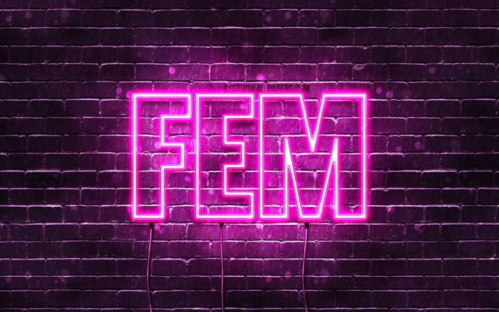 フェム, 4k, 名前の壁紙, 女性の名前, フェム名, 紫色のネオン, 誕生日おめでとう, 人気のあるオランダの女性の名前, Fem名の画像