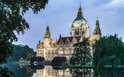 Neues Rathaus, Hannover, nova prefeitura, noite, lago, p&#244;r do sol, lindo castelo, castelos alem&#227;es, Alemanha