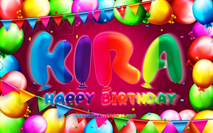 誕生日おめでとう, 4k, カラフルなバルーンフレーム, キラ名, 紫色の背景, キラ誕生日, 人気のアメリカ人女性の名前, 誕生日のコンセプト, キラ