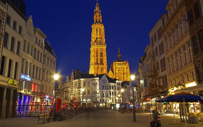 Antwerp Katedrali, akşam, g&#252;n batımı, sokaklar, şehir uydusu, Antwerp, bel&#231;ika