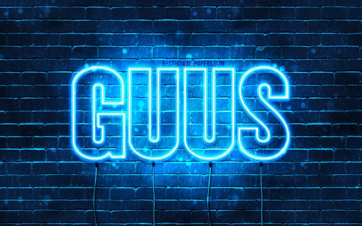 Guus, 4k, fonds d&#39;&#233;cran avec des noms, nom Guus, n&#233;ons bleus, joyeux anniversaire Guus, noms masculins n&#233;erlandais populaires, photo avec le nom Guus