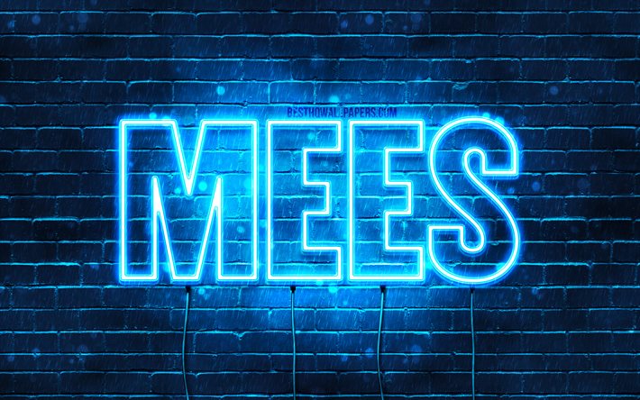 Mees, 4k, bakgrundsbilder med namn, Mees namn, bl&#229; neonljus, Grattis p&#229; f&#246;delsedagen Mees, popul&#228;ra nederl&#228;ndska manliga namn, bild med Mees namn