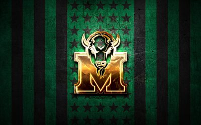 Marshall Thundering Herd flag, NCAA, green black metal background, american football team, Marshall Thundering Herd logo, USA, american football, golden logo, Marshall Thundering Herd