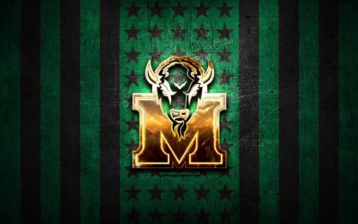 Bandeira Marshall Thundering Herd, NCAA, fundo de metal preto verde, time de futebol americano, logotipo Marshall Thundering Herd, EUA, futebol americano, logotipo dourado, Marshall Thundering Herd