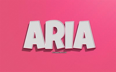 Aria, fond de lignes roses, fonds d&#39;&#233;cran avec noms, nom Aria, noms f&#233;minins, carte de voeux Aria, dessin au trait, photo avec nom Aria