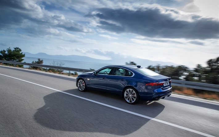 Jaguar XF, 2021, n&#228;kym&#228; takaa, ulkopuoli, sininen sedan, uusi sininen XF, brittil&#228;iset autot, Jaguar