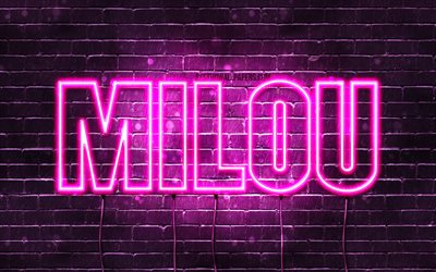 Milou, 4k, fonds d&#39;&#233;cran avec noms, pr&#233;noms f&#233;minins, nom Milou, n&#233;ons violets, joyeux anniversaire Milou, pr&#233;noms f&#233;minins n&#233;erlandais populaires, photo avec le nom Milou