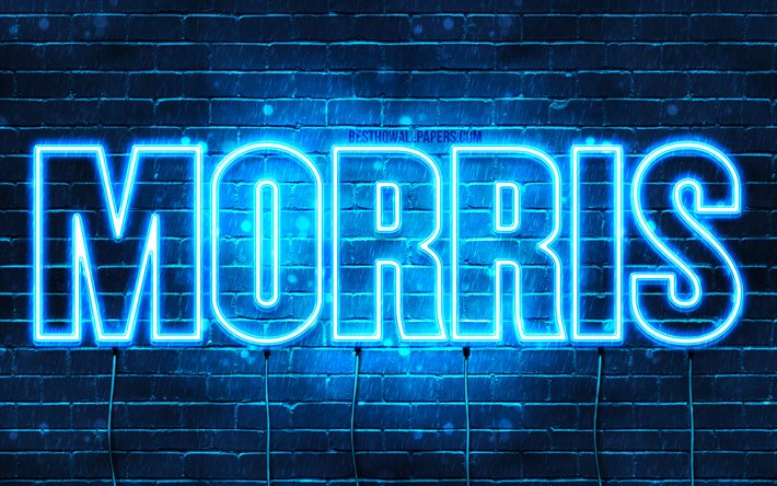 Morris, 4k, fonds d&#39;&#233;cran avec des noms, nom de Morris, n&#233;ons bleus, joyeux anniversaire Morris, noms masculins n&#233;erlandais populaires, photo avec le nom de Morris