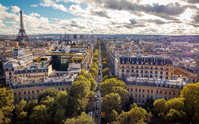 Paris, soir, Tour Eiffel, rues de Paris, paysage urbain, panorama de Paris, France