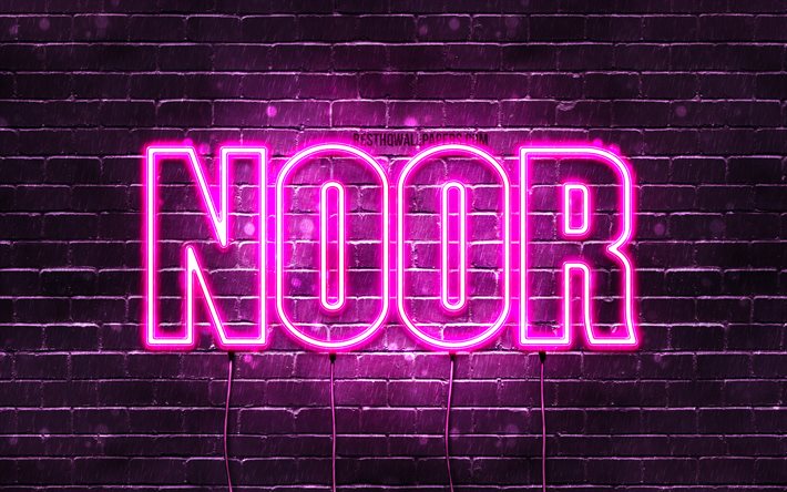 Noor, 4k, pap&#233;is de parede com nomes, nomes femininos, nome Noor, luzes de n&#233;on roxas, Noor de feliz anivers&#225;rio, nomes femininos holandeses populares, imagem com o nome Noor