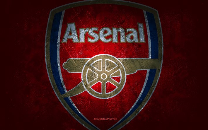 Arsenal FC, squadra di calcio inglese, sfondo di pietra rossa, logo dell&#39;Arsenal FC, arte grunge, Premier League, calcio, Inghilterra, emblema dell&#39;Arsenal FC