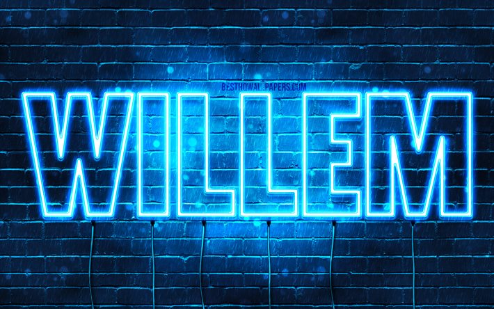 Willem, 4k, taustakuvat nimill&#228;, Willemin nimi, siniset neonvalot, Hyv&#228;&#228; syntym&#228;p&#228;iv&#228;&#228; Willem, suositut hollantilaiset miesten nimet, kuva Willemin nimell&#228;