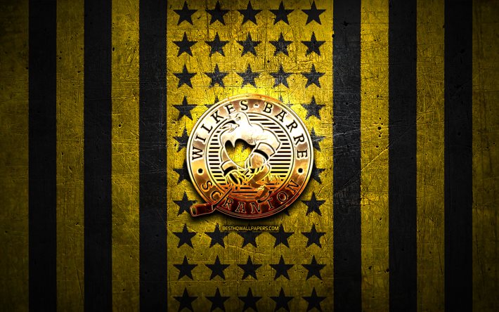 Wilkes-Barre Scrantonin lippu, AHL, keltainen musta metallitausta, amerikkalainen j&#228;&#228;kiekkojoukkue, Wilkes-Barre Scranton-logo, USA, j&#228;&#228;kiekko, kultainen logo, Wilkes-Barre Scranton
