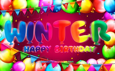 Happy Birthday Winter, 4k, colorful balloon frame, Winter name, purple background, Winter Happy Birthday, Winter Birthday, popular american female names, Birthday concept, Winter