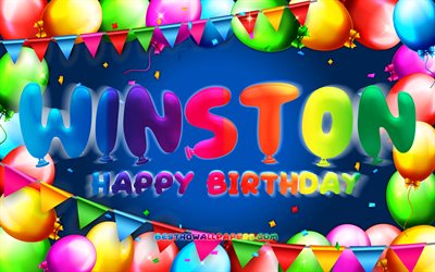 Happy Birthday Winston, 4k, colorful balloon frame, Winston name, blue background, Winston Happy Birthday, Winston Birthday, popular american male names, Birthday concept, Winston