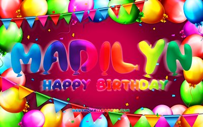 Buon compleanno Madilyn, 4k, cornice palloncino colorato, nome Madilyn, sfondo viola, buon compleanno Madilyn, compleanno Madilyn, nomi femminili americani popolari, concetto di compleanno, Madilyn