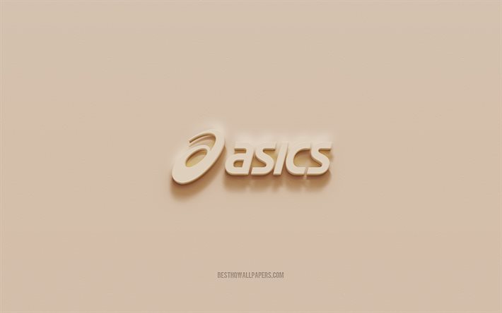 Asics-logo, ruskea kipsi-tausta, Asics 3d-logo, tuotemerkit, Asics-tunnus, 3d-taide, Asics