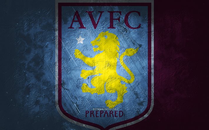 Aston Villa FC, club de football anglais, fond de pierre violet bleu, logo Aston Villa FC, art grunge, Premier League, football, Angleterre, embl&#232;me Aston Villa FC