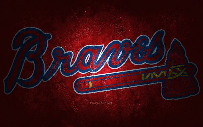 Atlanta Braves, American baseball team, red stone background, Atlanta Braves logo, grunge art, MLB, baseball, USA, Atlanta Braves emblem