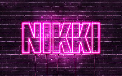 Nikki, 4k, fonds d&#39;&#233;cran avec noms, noms f&#233;minins, nom Nikki, n&#233;ons violets, joyeux anniversaire Nikki, noms f&#233;minins n&#233;erlandais populaires, photo avec le nom Nikki