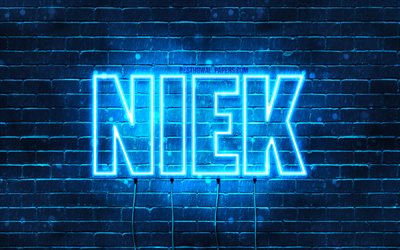 Niek, 4k, fonds d&#39;&#233;cran avec des noms, nom Niek, n&#233;ons bleus, joyeux anniversaire Niek, noms masculins n&#233;erlandais populaires, photo avec le nom Niek