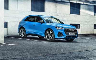 Audi Q3 45 TFSI e S line, 2021, exterior, blue crossover, new blue Q3, front view, german cars, Audi