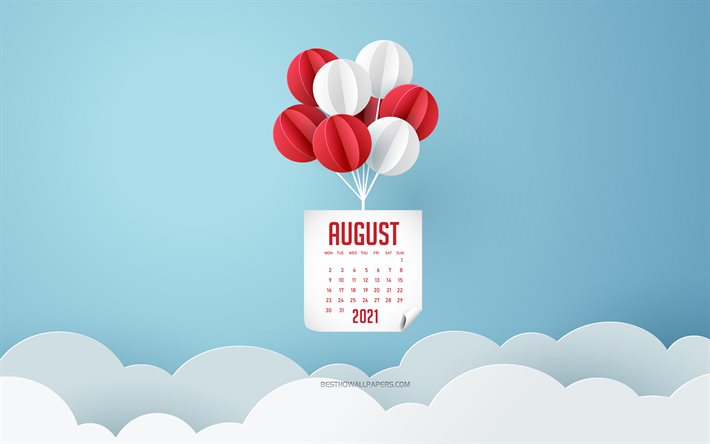 2021 August Calendar, 4k, blue sky, white and red balloons, August 2021 Calendar, 2021 concepts, 2021 summer calendars, August